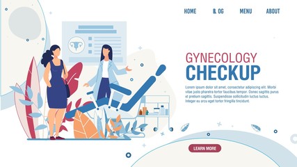 Flat Landing Page Offering Gynecology Checkup for Women. Female Visiting Gynecologist Doctor. Examination Room with Gynecological Chair Design. Medical Appointment. Vector Health Care Illustration