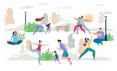 Healthy Lifestyle People Characters Vector Scene Flat Set. Man Woman, Children, Young Family, Pregnant Wife Husband, Lady Waiting for Childbirth Doing Yoga, Jogging, Training on Fresh Air Illustration