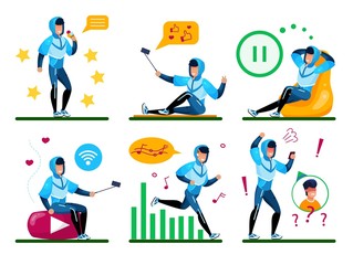 Fototapeta premium Modern Young Man, Male Teenager Daily Routine Trendy Flat Vector Concept Set. Guy in Tracksuit Listening Music While Jogging, Shooting Mobile Photos and Videos, Relaxing, Talking on Phone Illustration