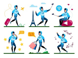 Young Man Life Entertainments and Activities Trendy Flat Vector Concepts Set. Guy Traveling with Airlines, Making Selfie in Foreign Country, Recording Mobile Videos, Enjoying Shopping Illustration