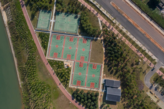 Urban open air badminton court and basketball court landscape top view