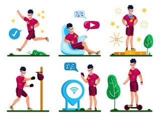Fototapeta na wymiar Active and Sporty Man in Sportswear Jogging Outdoors, Boxing, Riding Self-Balancing Scooter, Tracking Training Results with Mobile App, Winning Competition Trendy Flat Vector Character Illustrations
