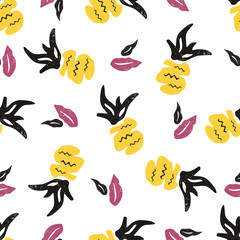 Textured seamless pattern with pineapples and leaves.