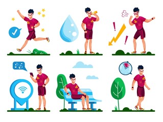 Summer Time Outdoor Activity Trendy Flat Vector Concepts Set. Young Man Jogging in Park, Quenching Thirst, Resting on Bench, Tired After Training, Tracking Sport Results with Cellphone Illustrations
