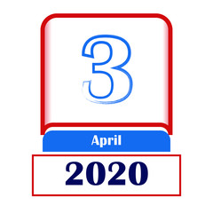 3 April 2020. Vector flat daily calendar. Date, month.	