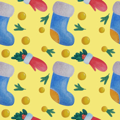 Holiday pattern in yellow background. Watercolor seamless pattern.
