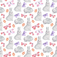 Watercolor seamless pattern with hares, butterflies and twigs of plants