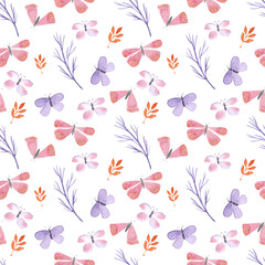 Watercolor seamless pattern with hares, butterflies and twigs of plants
