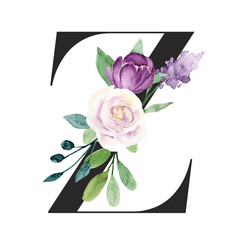 Letter z, floral alphabet with watercolor flowers and leaf. Monogram initials perfectly for wedding invitations, greeting card, logo, poster and other. Holiday design hand painting.