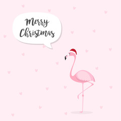 Happy New Year and Merry Christmas invitation card with Pink flamingo vector illustration. Cute flamingo bird cartoon character wearing Santa Claus hat on pastel pink background.