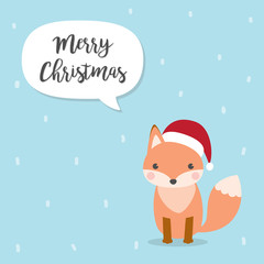 Merry Christmas card with Cute Fox Cartoon Character vectors wearing Santa Claus hat .Kawaii Fox isolated on sky blue background.
