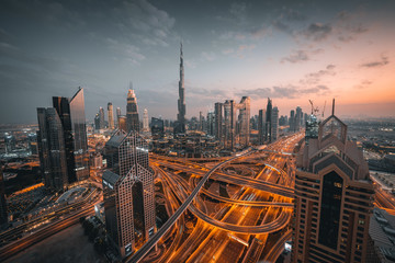 High angle view of Dubai skyline during sunset