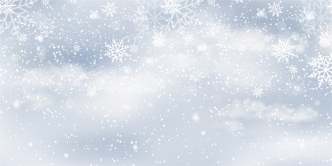Christmas background with falling on blue sky. Xmas card. Vector