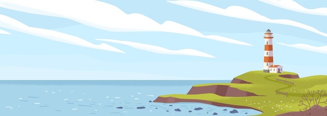 Lighthouse on seashore flat vector illustration. Island pharos, light house, seascape, signal building on seaside. Coastline landscape with beacon. Hope symbol, expectation, solitude concept.