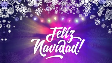 Feliz Navidad - Merry Christmas in spanish language purple loop animation design with colorful lights and snowflakes