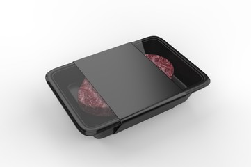 Meat food tray with blank paper label, 3d render illustration.