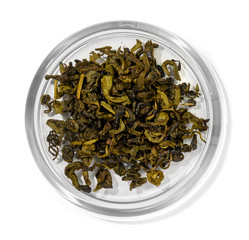 Green tea top view on white background