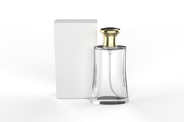 Blank perfume bottle and box for branding. 3d render illustration.