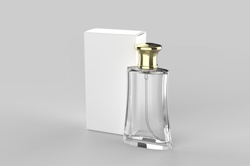 Blank perfume bottle and box for branding. 3d render illustration.