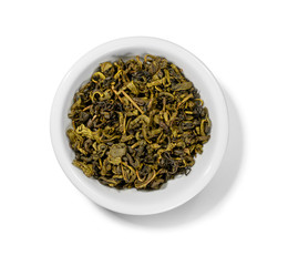 Green tea top view on white background