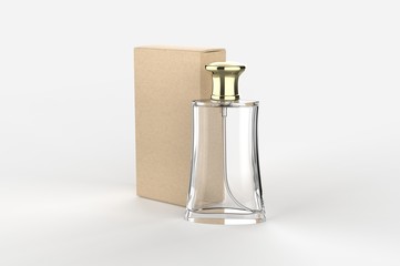 Blank perfume bottle and box for branding. 3d render illustration.