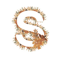 Raster Graphic Floral Alphabet - letter S with colorful flowers bouquet composition. Unique collection for wedding invites decoration, logo, baby shower, birthday & many other concept ideas