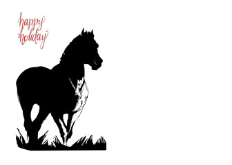 black  isolated horse silhouette on white background and lettering 