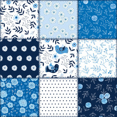 Cute patchwork background with different flowers patterns for textile, gift wrap and scrapbook. Vector illustration.