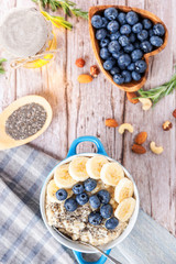 rustic Breakfast oatmeal with berries and banana with Chia seeds top view