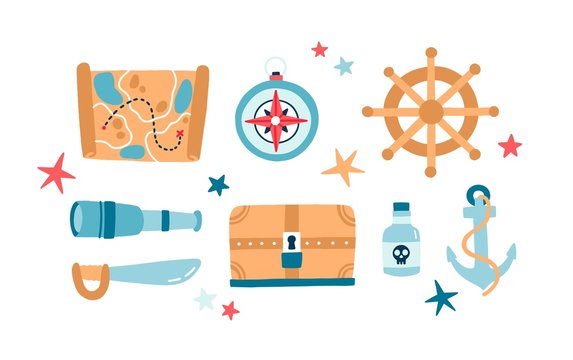 Pirate items flat vector illustrations set. Anchor, spyglass, saber, steering wheel isolated color pack. Wooden treasure chest. Childish quest map on white background. Symbols of piracy.