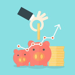 hand put money saving piggy coin ,investment and saving concept
