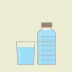 Plastic bottle and glass of water.  Vector illustration