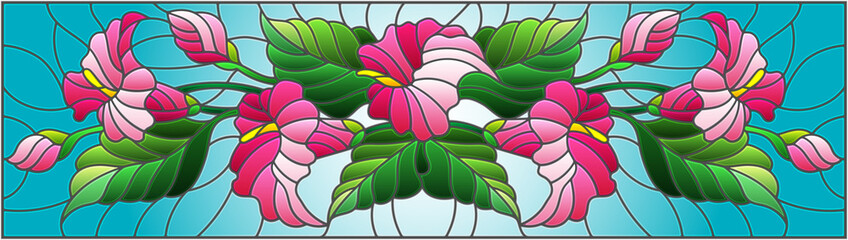 Illustration in stained glass style with a floral arrangement of Calla flowers, pink Calla and leaves on a blue background