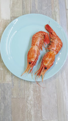 Seafood boiled wild tiger prawns close up on a blue plate on the table. the view from the top.