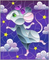Illustration in stained glass style with a  dancing mouse on the background of the starry sky and clouds