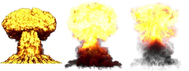 3D illustration of explosion - 3 big highly detailed different phases mushroom cloud explosion of fusion bomb with smoke and fire isolated on white