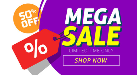 Mega sale banner design with price discount offer tag vector illustration, flat clearance promotion or special deal off web banner template or flyer cover - obrazy, fototapety, plakaty