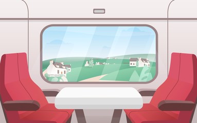 View from train window flat vector illustration. Modern railway carriage interior with comfortable red chairs and small coffee table. Train compartment. Transportation, travelling, road. © Good Studio