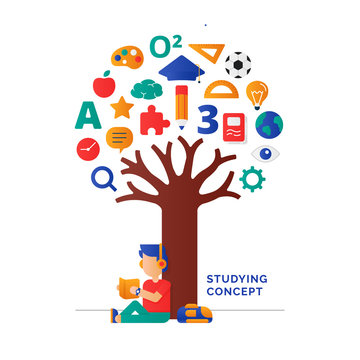 student reading book under the knowledge tree vector illustration for international education day poster background