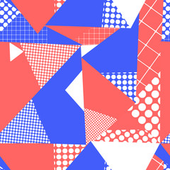 Geometric abstract triangle collage seamless vector background. Red, blue, and white contemporary repeating pattern. Use for fabric, wallpaper, packaging, surface pattern design