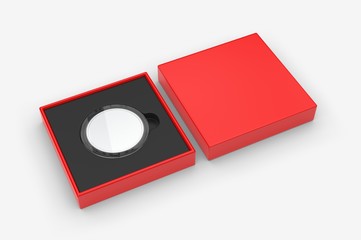 Blank proof coin in plastic case and paper box. 3d render illustration.