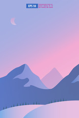Beautiful sunrise or sunset snow winter mountain landscape with moon or sun. Vector concept for weather app. Nature scenery background vector illustration