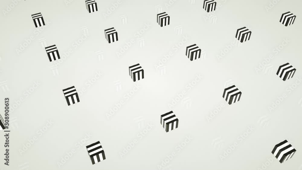 Poster black and white striped cubes rotate around an axis. animated abstract background. 3d render