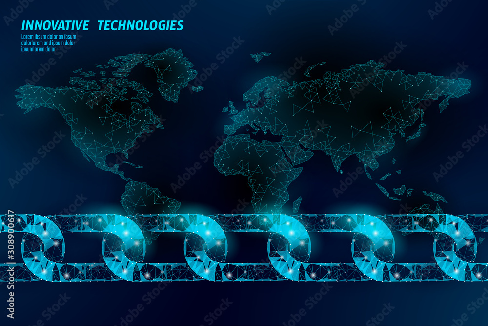 Poster blockchain global business symbol concept. chain connection world map information security. 3d low p