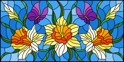 Illustration in stained glass style with a bouquet of yellow daffodils and purple butterflies on a blue background
