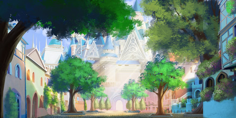 The Front Door of Magic Academy. Magical School. Fantasy Urban Town Backdrop. Concept Art. Realistic Illustration. Video Game Digital CG Artwork Background. Nature Scenery.