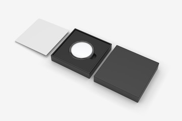 Blank proof coin in plastic case and paper box. 3d render illustration.