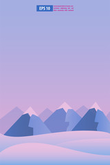 Beautiful sunrise or sunset snow winter mountain landscape with moon or sun. Vector concept for weather app. Nature scenery background vector illustration