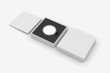 Blank proof coin in plastic case and paper box. 3d render illustration.