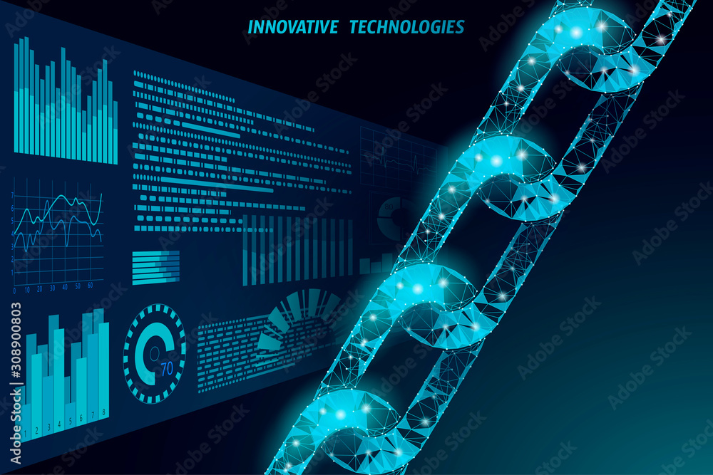 Poster blockchain business system management concept. chain connection hud information security. 3d low pol